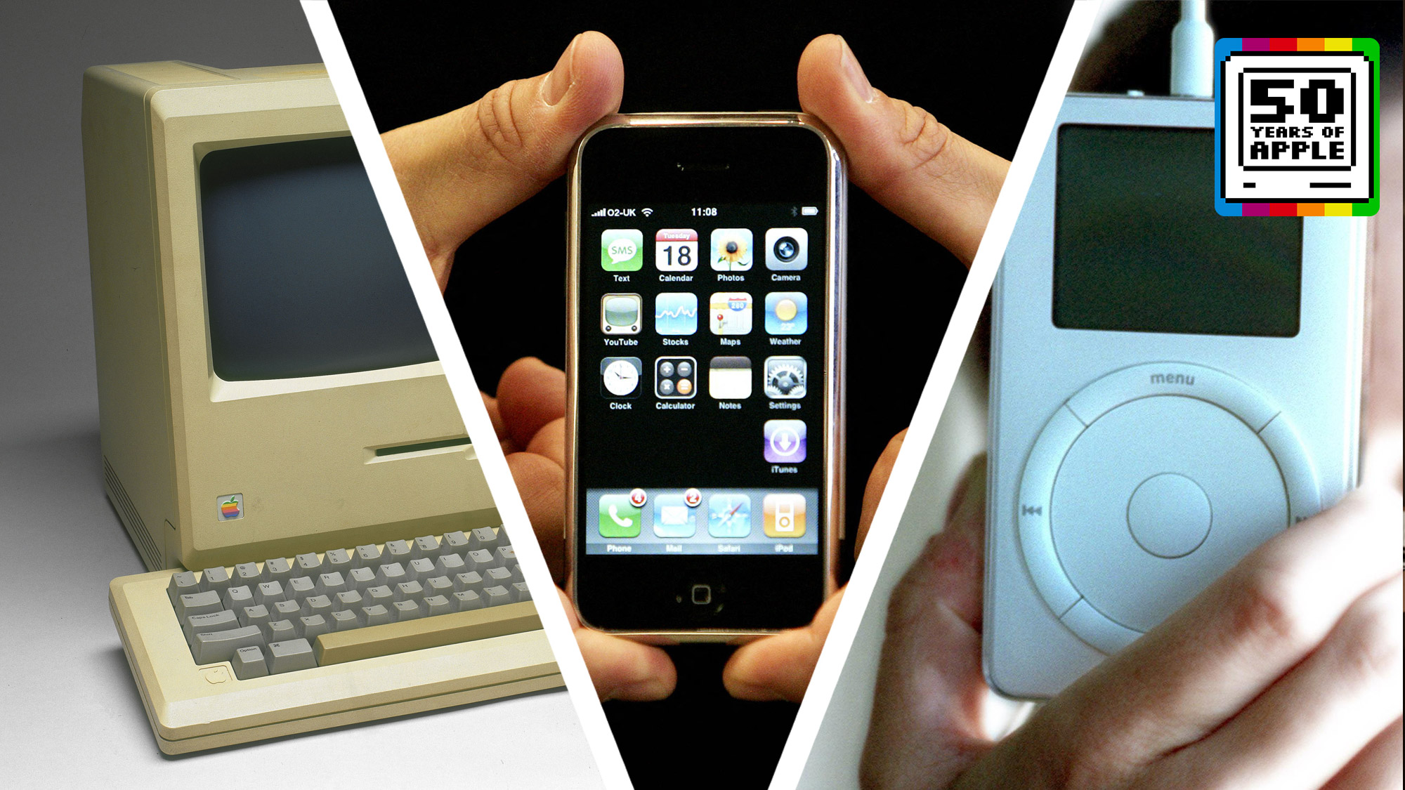 An Apple Macintosh next to two hands holding the original iPhone next to a hand holding an iPod