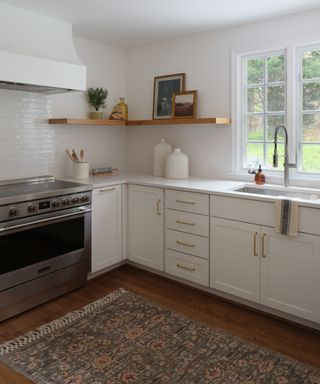 Wooden kitchen shelves stained to match the flooring