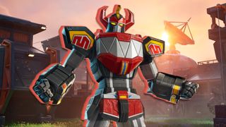 The Dino Megazord stands against the backdrop of a futuristic military HQ