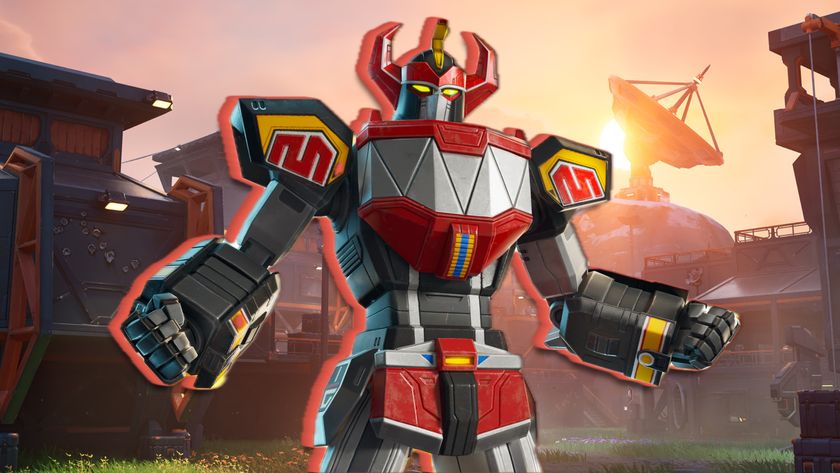The Dino Megazord stands against the backdrop of a futuristic military HQ