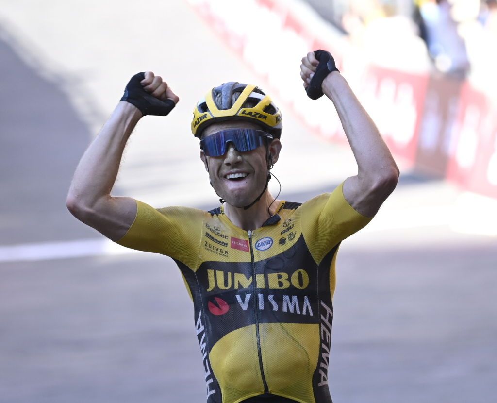 Belgian Wout Van Aert of Team JumboVisma celebrates as he wins the Strade Bianche one day cycling race 184km men from and to Siena Italy Saturday 01 August 2020BELGA PHOTO DIRK WAEM Photo by DIRK WAEMBELGA MAGAFP via Getty Images