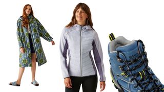 Products from Regatta, one of the British sportswear brands, including a changing robe for outdoor swimming, a hybrid weatherproof jacket, and walking boots collage