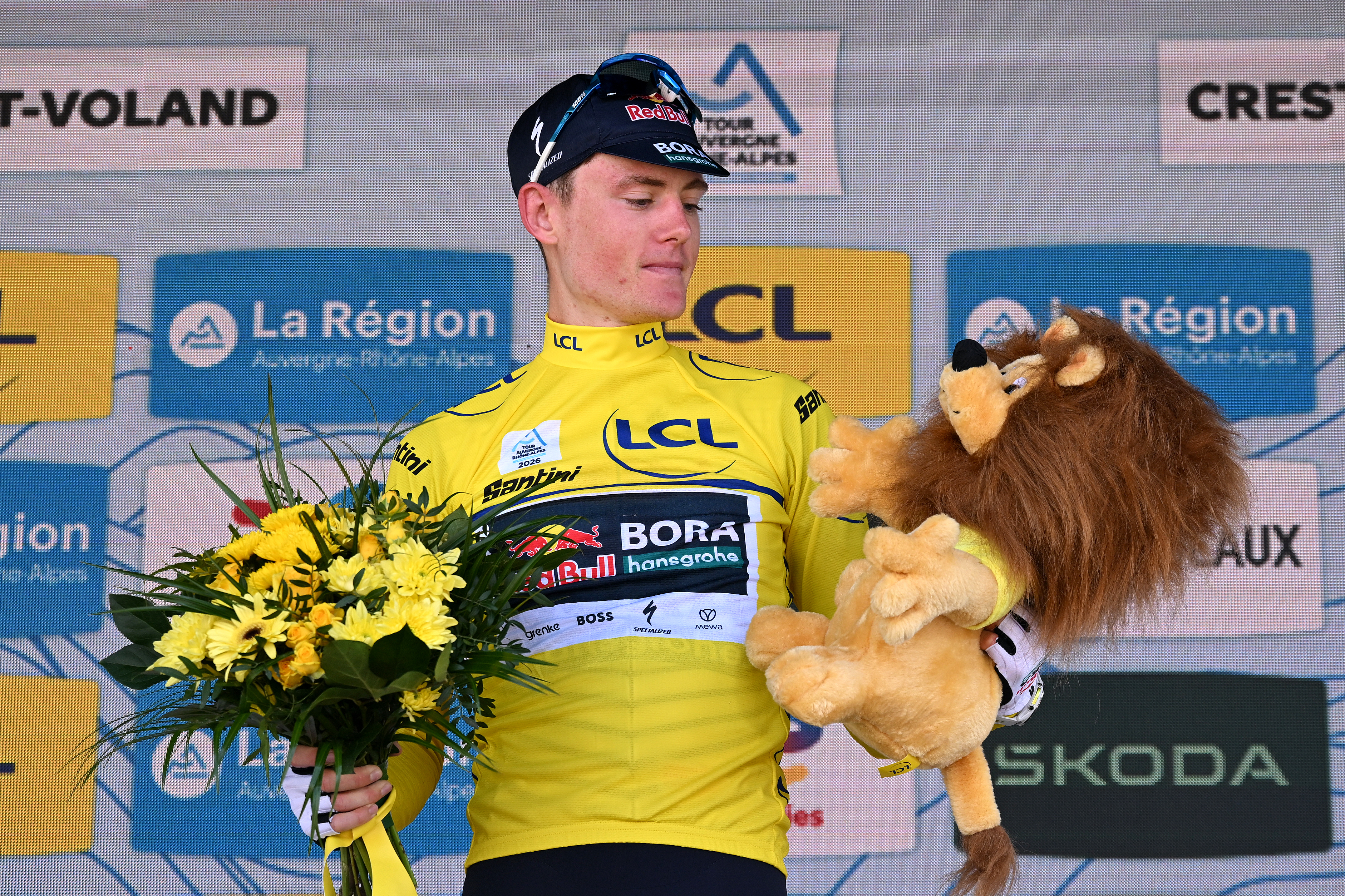 CREST-VOLAND, FRANCE - JUNE 12: Luke Tuckwell of Australia and Team Red Bull - BORA - hansgrohe celebrates at podium as Yellow Leader Jersey winner during the 78th Tour Auvergne-Rhone-Alpes 2026, Stage 6 a 182.3km stage from Saint-Vulbas to Crest-Voland 1211m / #UCIWT / on June 12, 2026 in Crest-Voland, France. (Photo by Dario Belingheri/Getty Images)