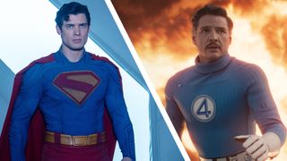David Corenswet as Superman on the left, Pedro Pascal as Reed Richards on the right