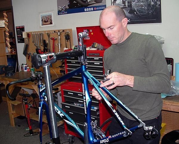 "Once assembled, Trek team liaison Scott Daubert began his fine tuning the bike to Discovery Channel chief wrench Julien Devries' exacting specs and to make sure everything was working in proper order."