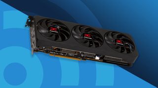 An AMD Radeon RX 9070, our top pick for best 1440p graphics card, against a blue techradar background