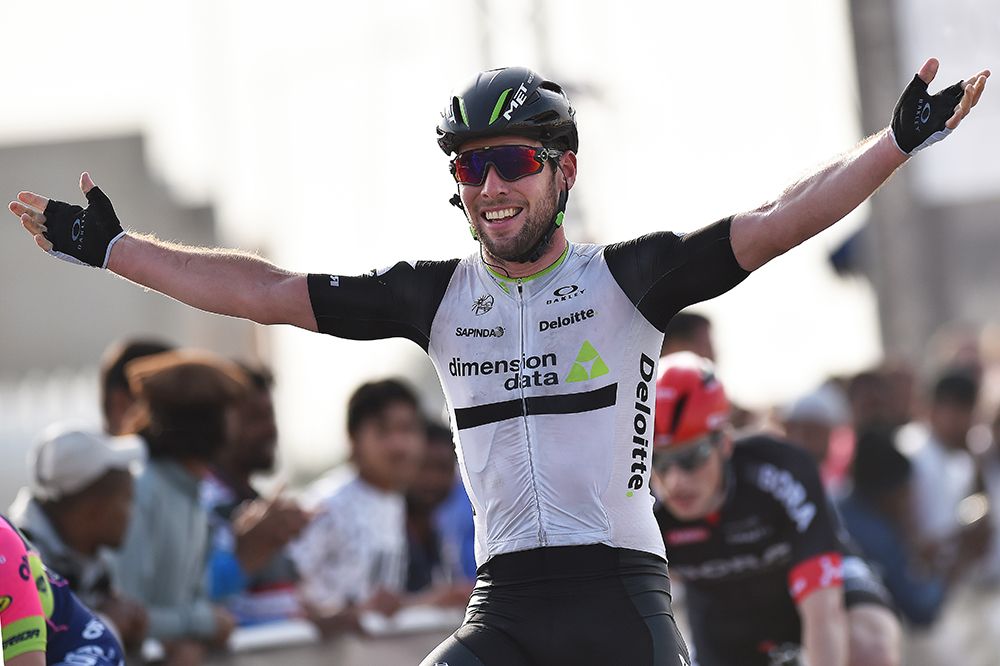 Mark Cavendish (Dimension Data) celebrates winning stage one of the Tour of Qatar
