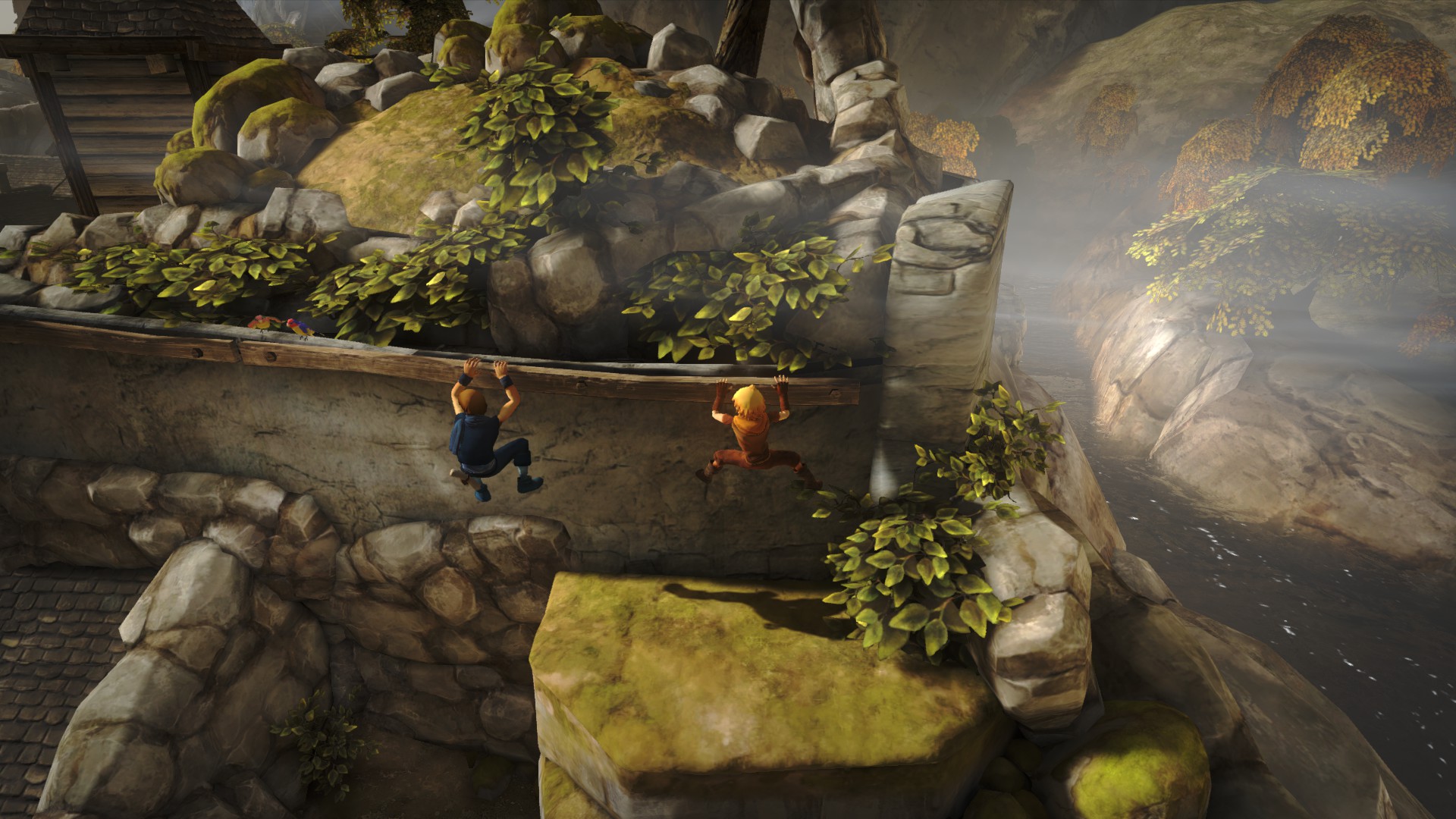The brothers climbing along a ledge in Brothers: A Tale of Two Sons.