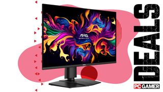 An image of an MSI MAG 274QP X24 OLED gaming monitor against a colorful background, with the phrase 'Deals' on the right side, above a PC Gamer logo