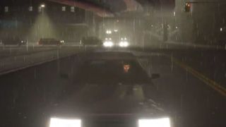 Car driving in the rain towards the screen