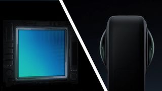 DJI Osmo 360 camera on a black background, low key lighting, alongside a graphic of its sensor