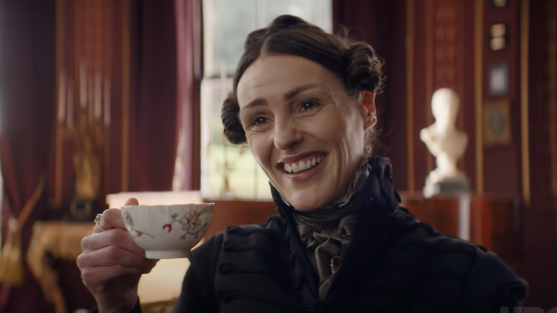 Suranne Jones with a cup of tea as Anne Lister in Gentleman Jack season 2