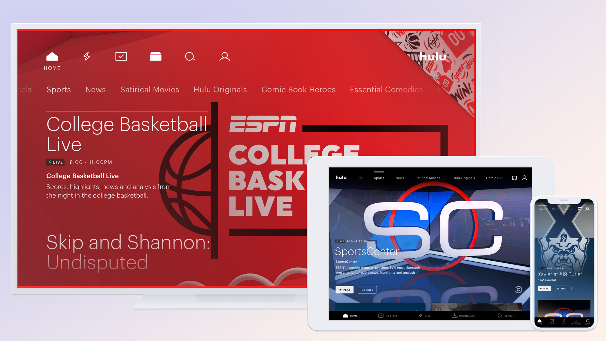 ESPN content on Hulu with Live TV on a TV, tablet and phone