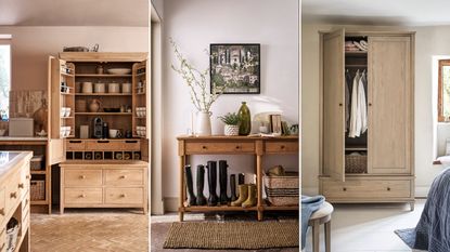 three images - An open wooden free-standing pantry / A wooden vintage style console table in an entryway with boots stored beneath it, and dried stems in vases on top / A light wood free-standing closet with the door slightly ajar in a white painted bedroom