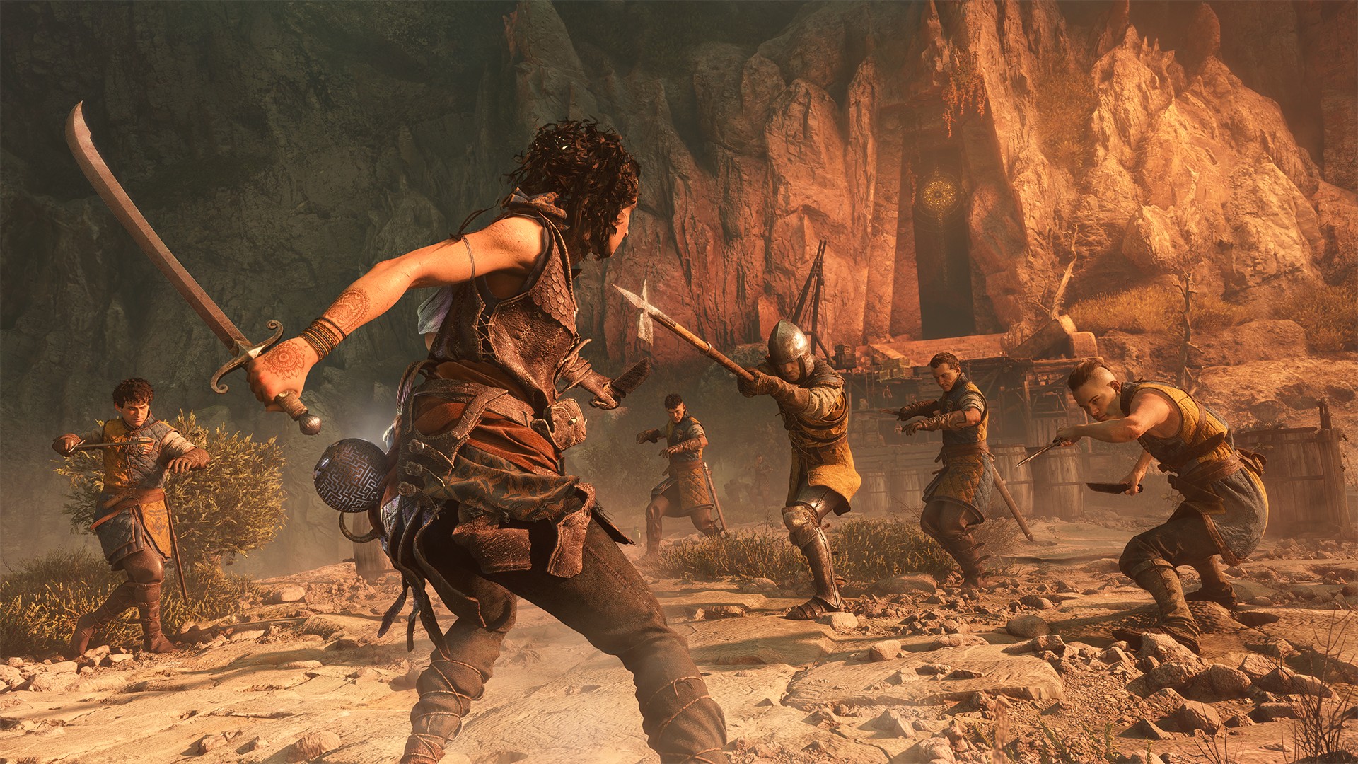 Sophia readies her sword while surrounded by enemeies in Resonance: A Plague Tale Legacy