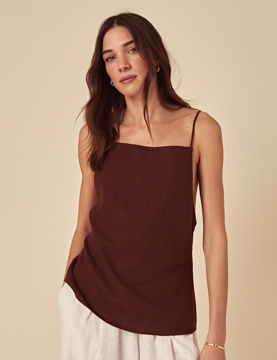 Brown Linen-Blend Slip Top