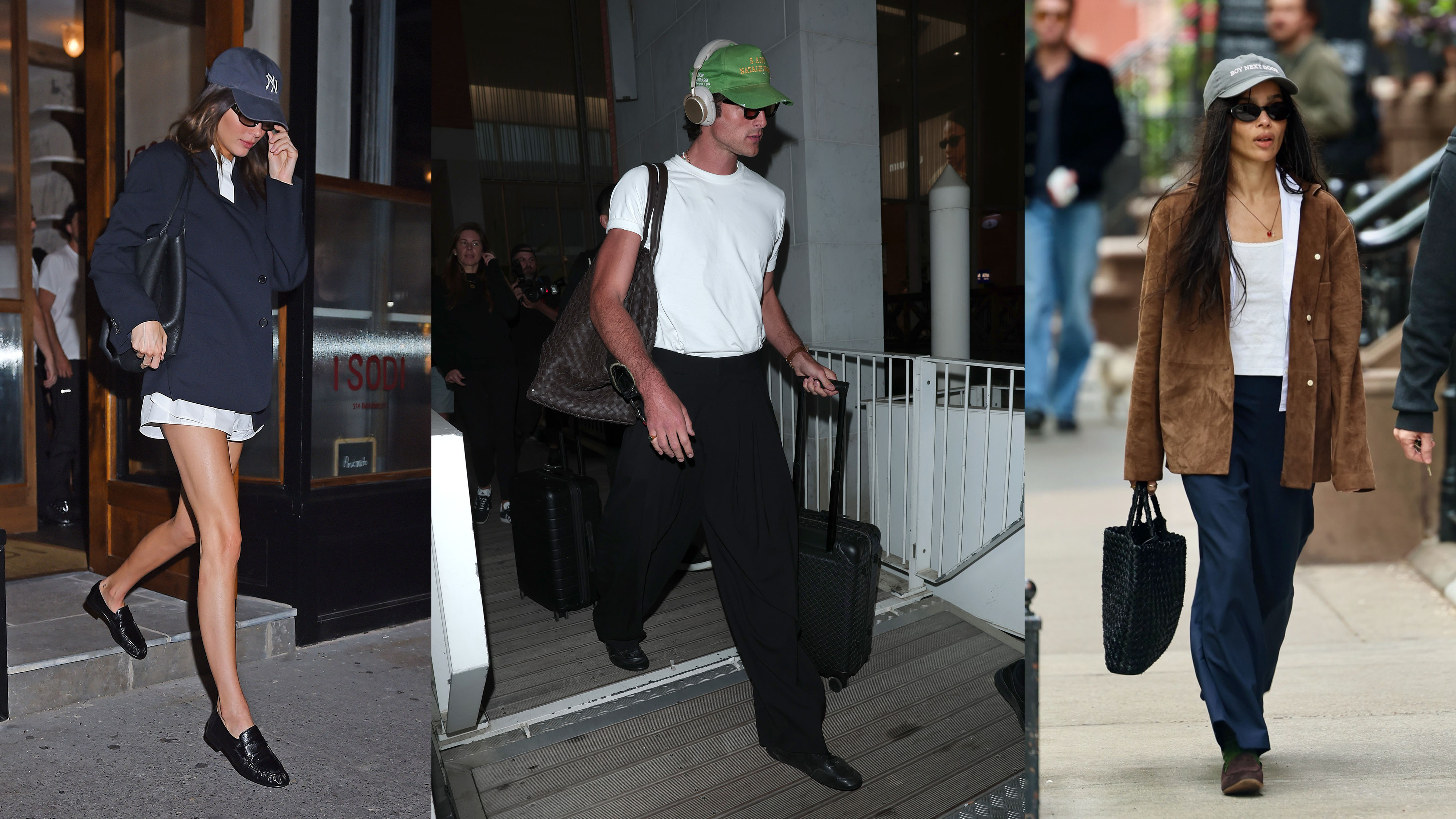 Collage of celebrity baseball hat outfits.