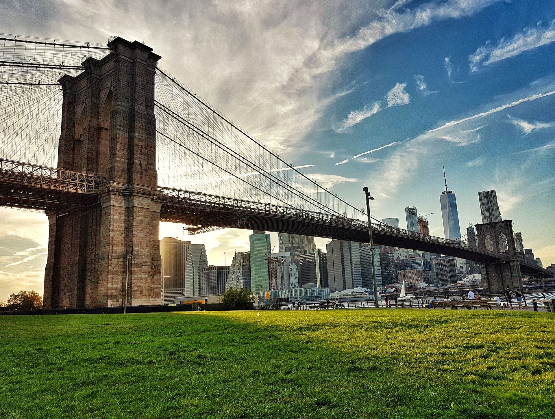 A view of the Brooklyn Bridge at sunset