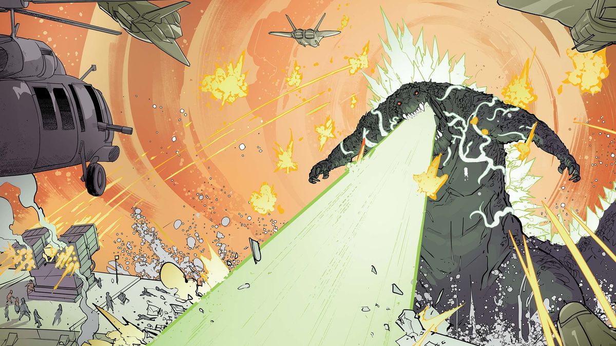 Godzilla blasts some planes and choppers.