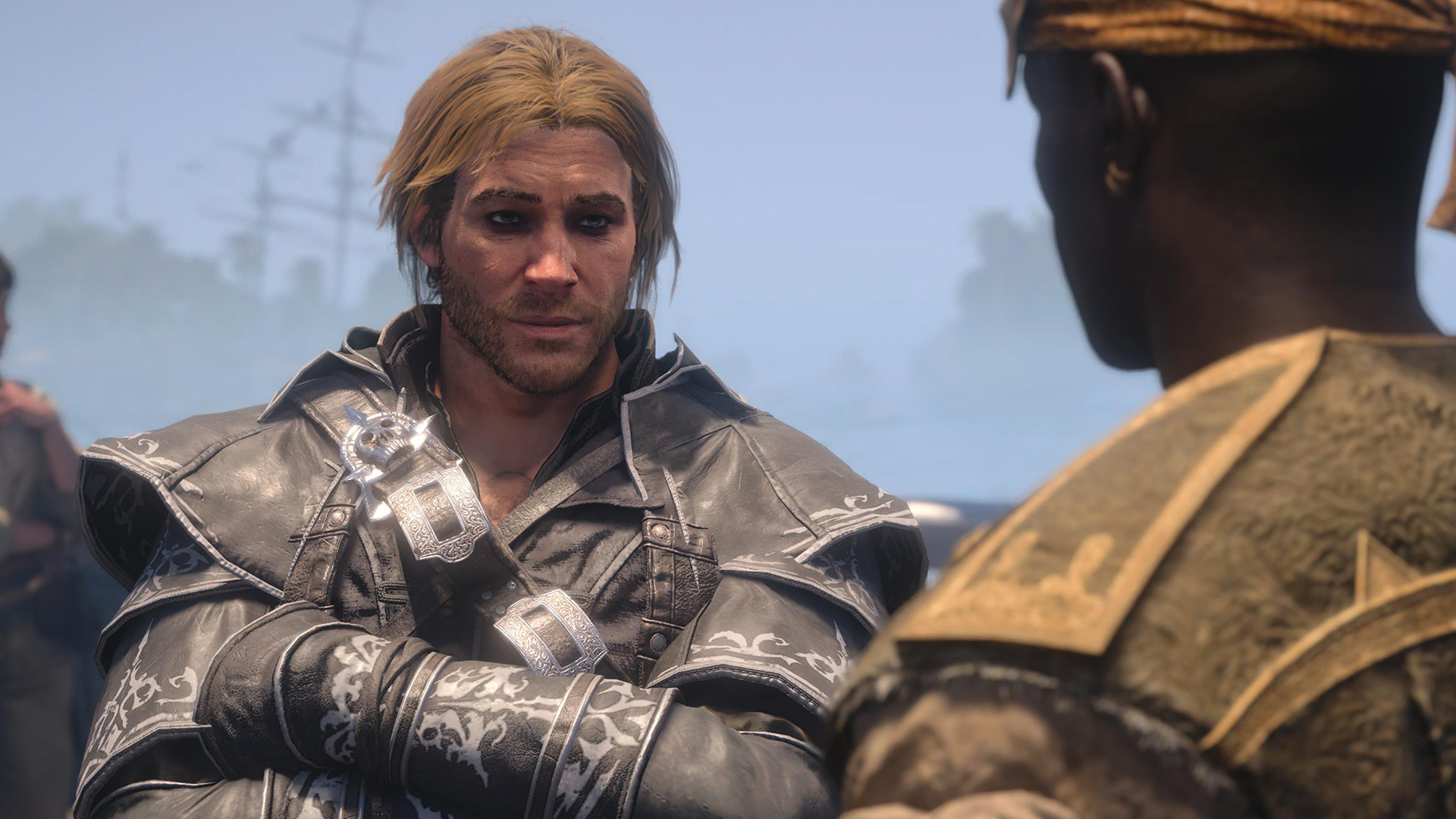 Pirate assassin Edward stands in the sunny Caribbean Assassin's Creed Black Flag Resynced speaking with quartermaster Adewale