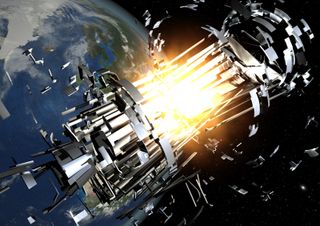 An artist's illustration of a satellite collision from space debris in orbit. Space traffic accidents only beget more such accidents.