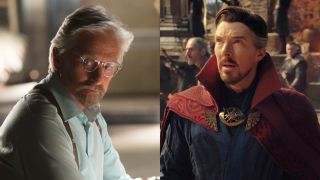 From left to right: Michael Douglas as Hank Pym sitting at a desk in Ant-Man and Benedict Cumberbatch as Doctor Strange looking into the distance in Doctor Strange in the Multiverse of Madness.