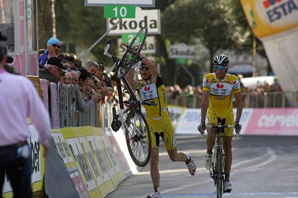 'The Cobra' Riccardo Ricc&ograve;, 24, flings his bike after crossing the line &ndash; frustrated with a mechanical in the final metres after bumping Linus Gerdemann