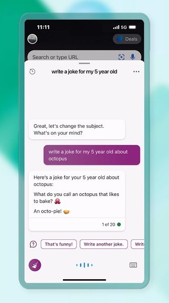 An existing chat with Bing in its new mobile widget.
