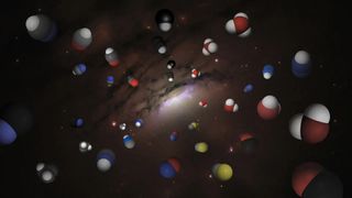 An artist's impression of the various molecules detected in the distant quasar APM 08279+5255.