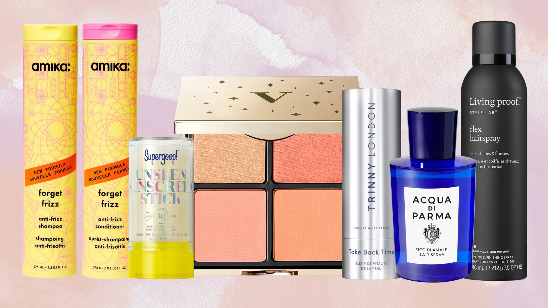 Collage of June 2025's tried and tested best new beauty launches on a pink watercolour background (L-R) Amika Forget Frizz Shampoo and Conditioner, Supergoop! Unseen Sunscreen Stick, VIEVE Dimension Face Palette, Trinny London Take Back Time Elixir, Acqua Di Parma Fico Di Amalfi Fragrance and Living Proof Flex Hairspray