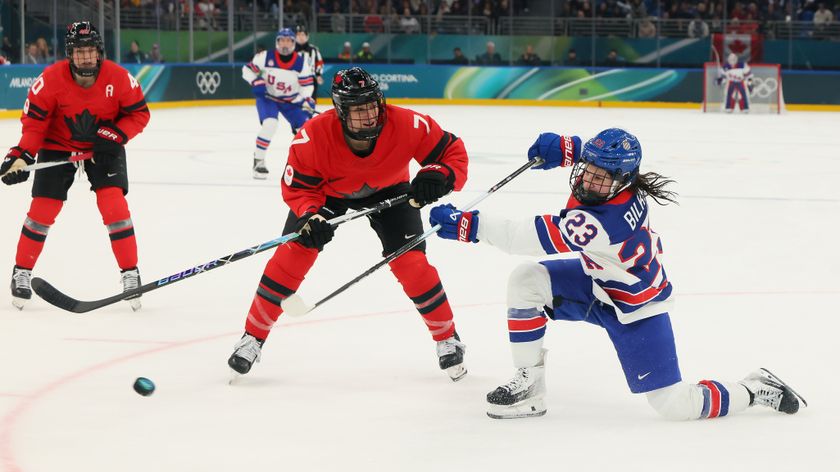 Hannah Bilka #23 of Team United States scores a goal in the second period during the Women's Preliminary Group A match between United States and Canada on day four of the Milano Cortina 2026 Winter Olympic games at Milano Santa Giulia Ice Hockey Arena on February 10, 2026 in Milan, Italy.