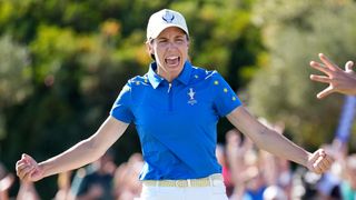 Carlota Ciganda celebrates the winninng putt at the 2023 Solheim Cup