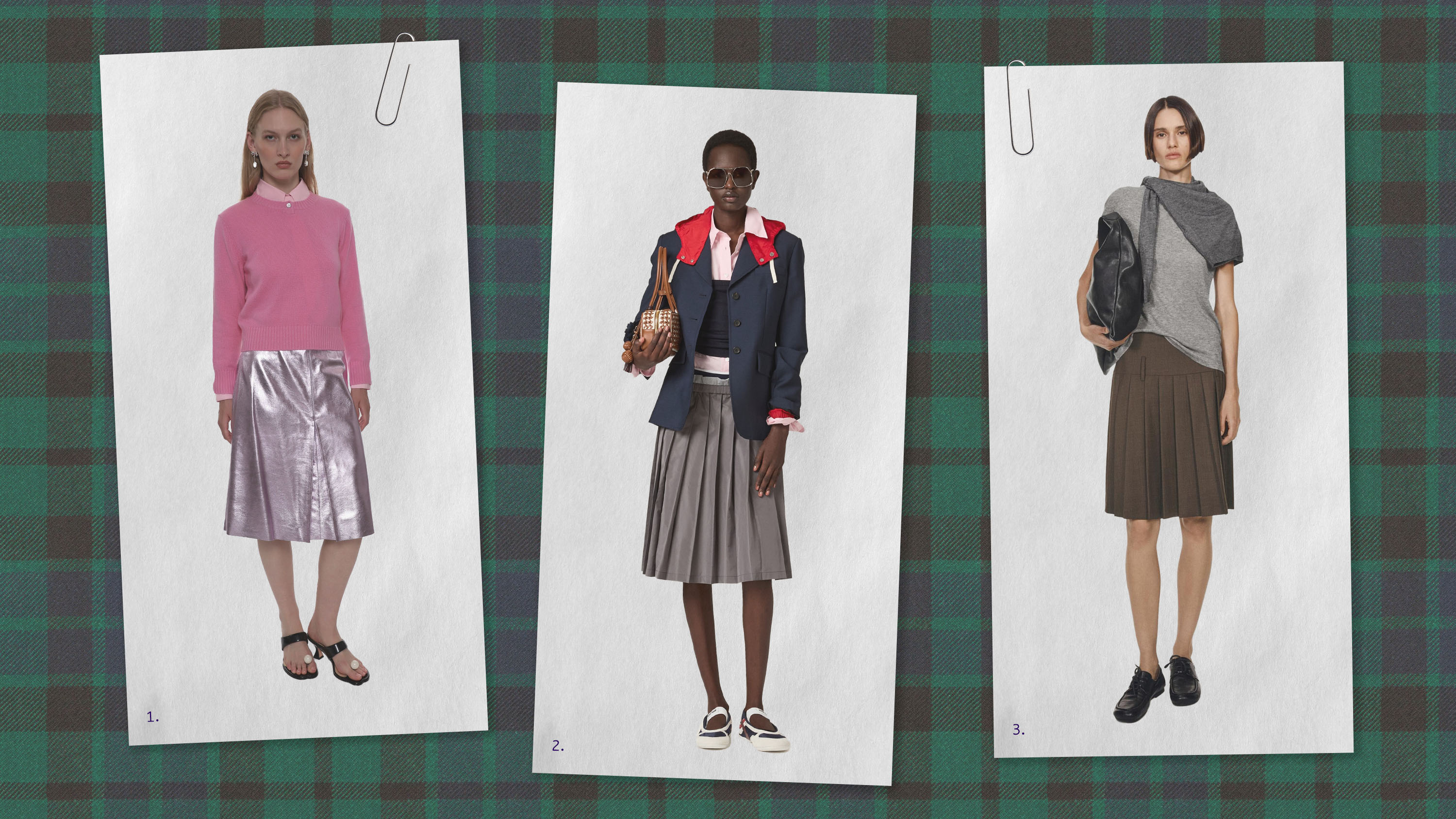 Collage of models wearing pleated skirt styles.