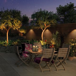 a garden at nighttime lit up using smart lighting solutions