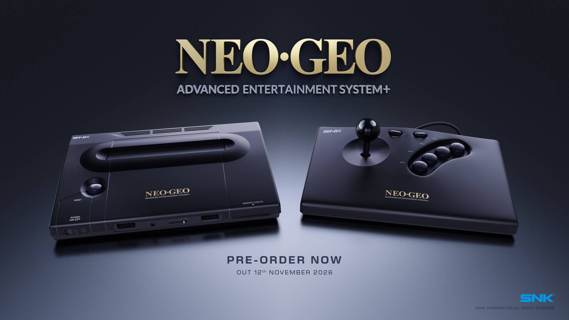 Standard black Neo Geo AES+ console next to matching arcade stick with message that reads "pre-order now - out 12th Novbember 2026"