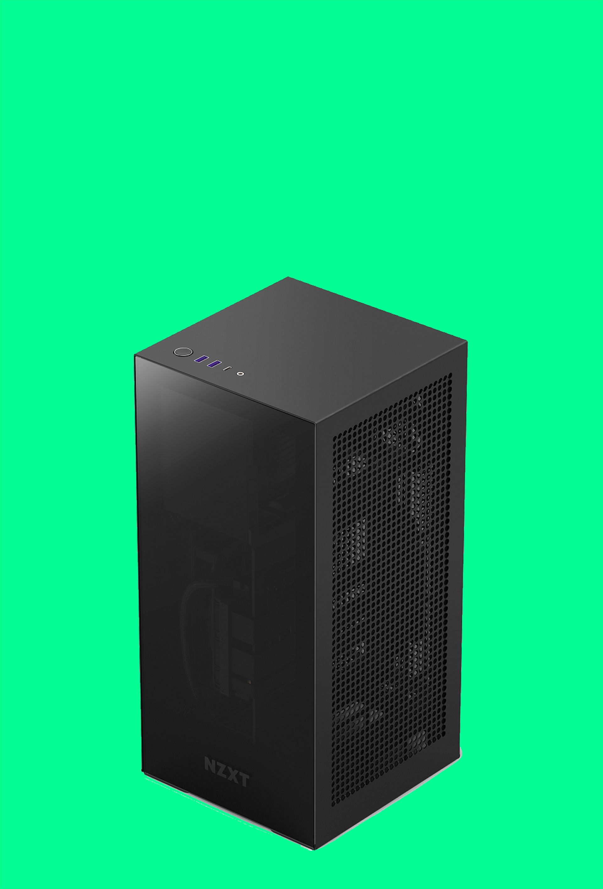 PC cases on colourful backgrounds.