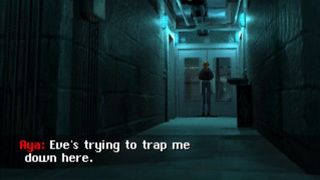Parasite Eve's Aya in a corridor saying "Eve's trying to trap me down here"