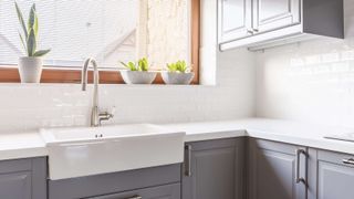 Sleek grey kitchen cabinetry with a white countertop