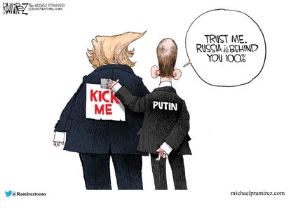 Political cartoon U.S. Trump Putin Helsinki summit kick me allies Russia