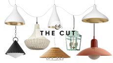 Assorted outdoor pendant lights, including woven, pleated, and colorful resin styles, pictured against a white background