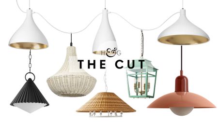 Assorted outdoor pendant lights, including woven, pleated, and colorful resin styles, pictured against a white background