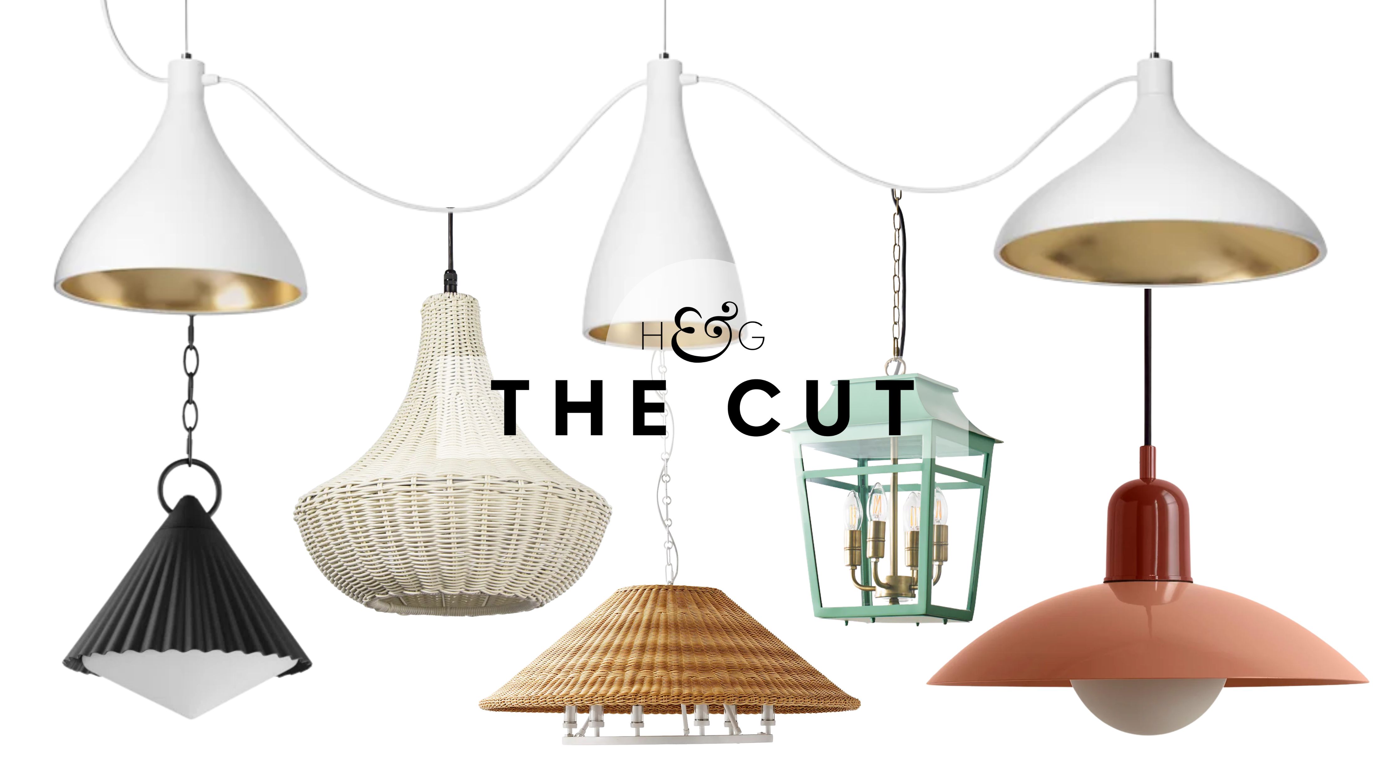 Assorted outdoor pendant lights, including woven, pleated, and colorful resin styles, pictured against a white background