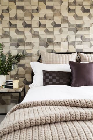 bedroom wall idea with tile wallpaper