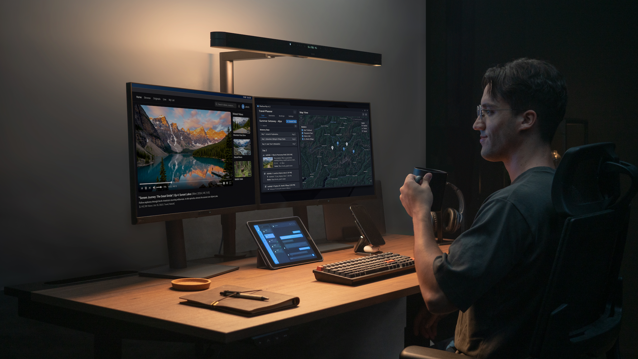 BenQ ScreenBar Max lighting up a dual-display setup