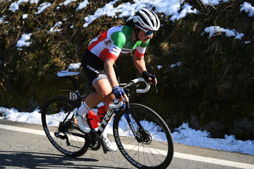 CITTIGLIO ITALY MARCH 21 Elisa Longo Borghini of Italy and Team Trek Segafredo during the 45th Trofeo Alfredo BindaComune di Cittiglio 2021 Womens Elite a 1418km stage from Cocquio Trevisago to Cittiglio 257m Snow Attack Breakaway TrBinda UCIWWT on March 21 2021 in Cittiglio Italy Photo by Tim de WaeleGetty Images