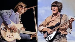 LEFT: Jim McGuinn, later known as Roger McGuinn, frontman for American rock band The Byrds, performs at Soundblast '66 at the Yankee Stadium in New York City, 10th June 1966. RIGHT: George Harrison of the rock and roll band "The Beatles" performs onstage with a Rickenbacker electric guitar in circa 1966. 