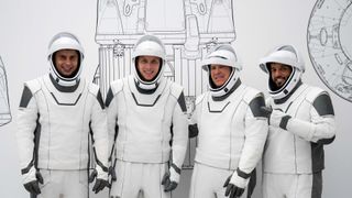The four crew members who comprise the SpaceX Crew-6 mission pose for a photo in their spacesuits during a training session at the company’s headquarters in Hawthorne, California. From left are, Mission Specialist Andrey Fedyaev, Pilot Warren “Woody” Hoburg, Commander Stephen Bowen, and Mission Specialist Sultan Al Neyadi.