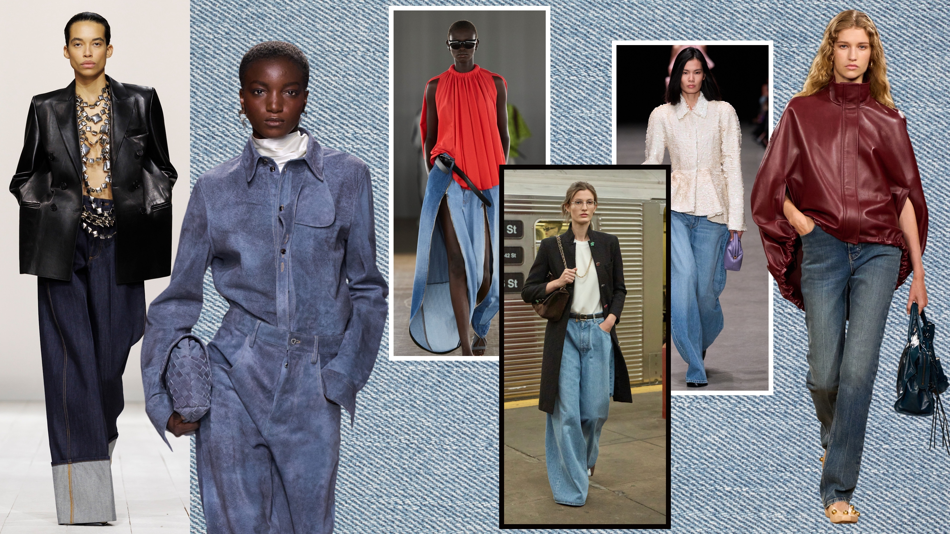 collage of denim trends on the 2026 runways of givenchy, bottega, chanel, coperni, and stella mccartney 