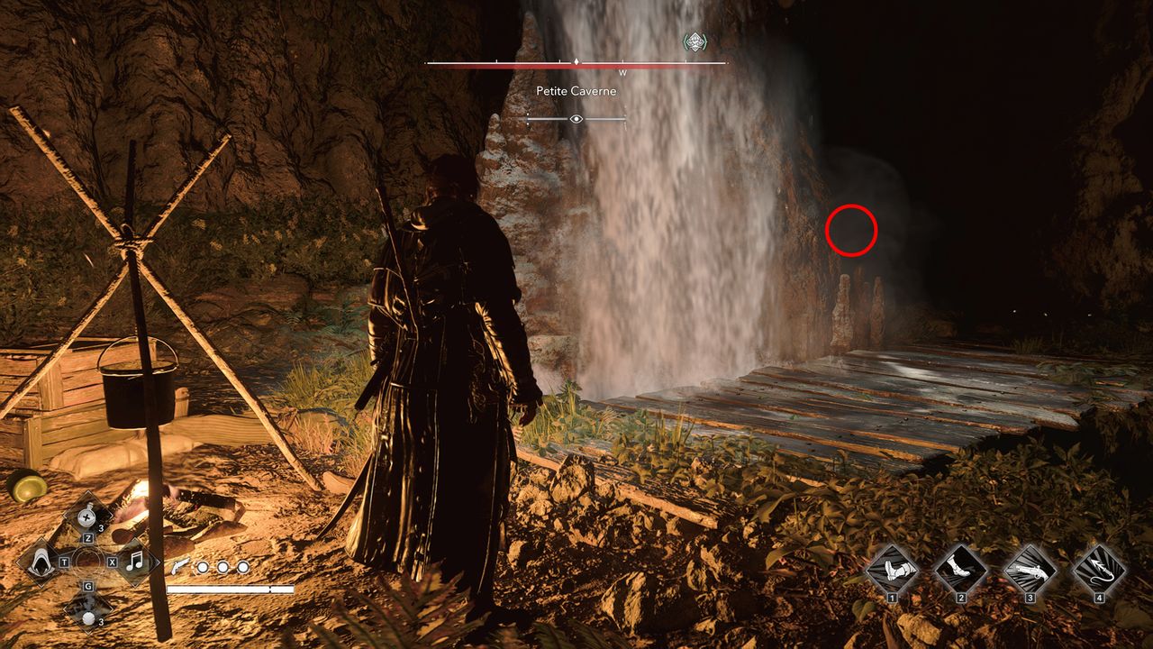 Black Flag treasure maps: Edward stood next to a campfire and a waterfall inside a dark cave.