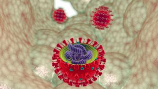 3D illustration of an RNA virus, influenza, coronavirus.